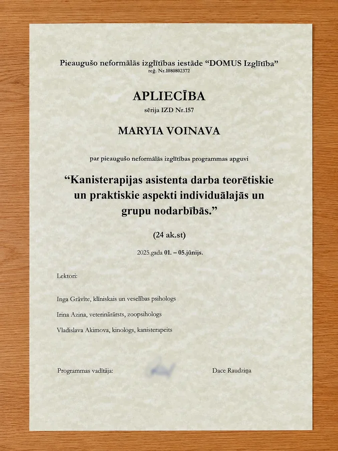 DOMUS Izglītība apliecība sērija IZD Nr. 157 Maryia Voinava