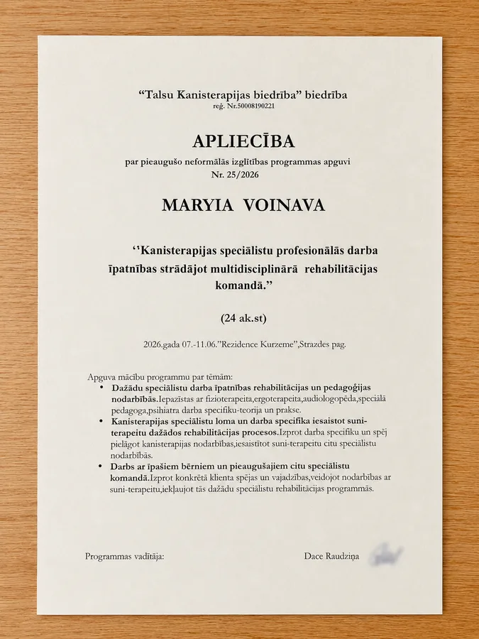 Talsu Kanisterapijas biedrības apliecība Nr. 25/2026 Maryia Voinava
